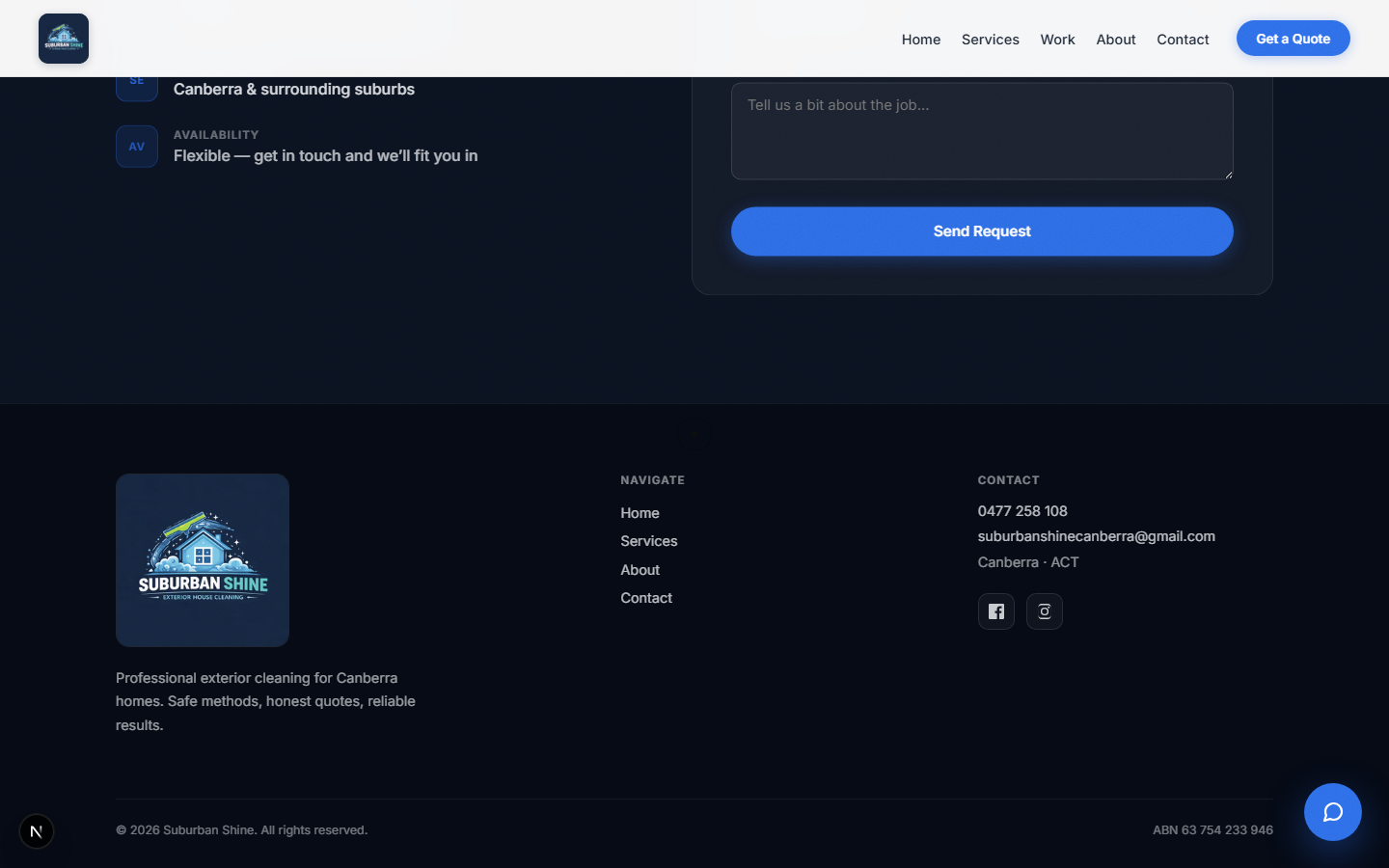 Suburban Shine contact page with chatbot