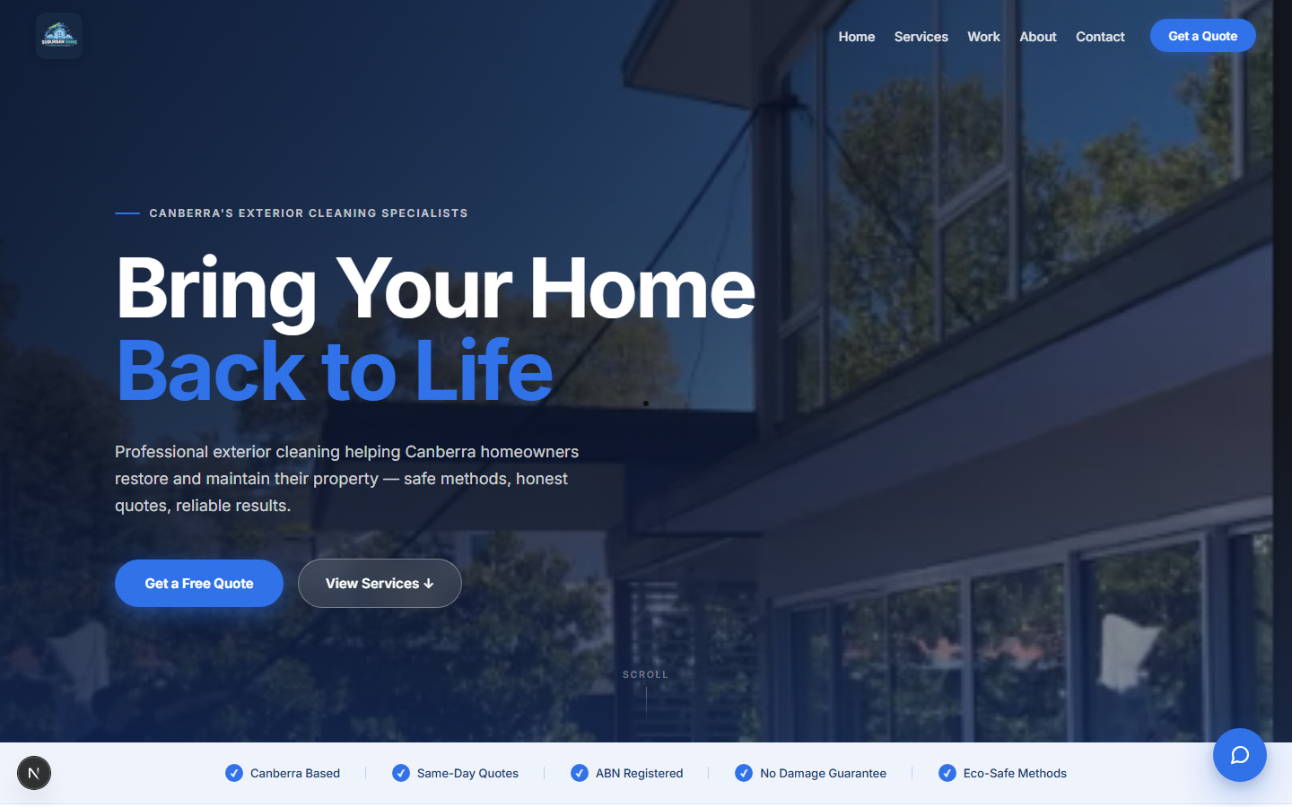 Suburban Shine homepage hero — house washing service
